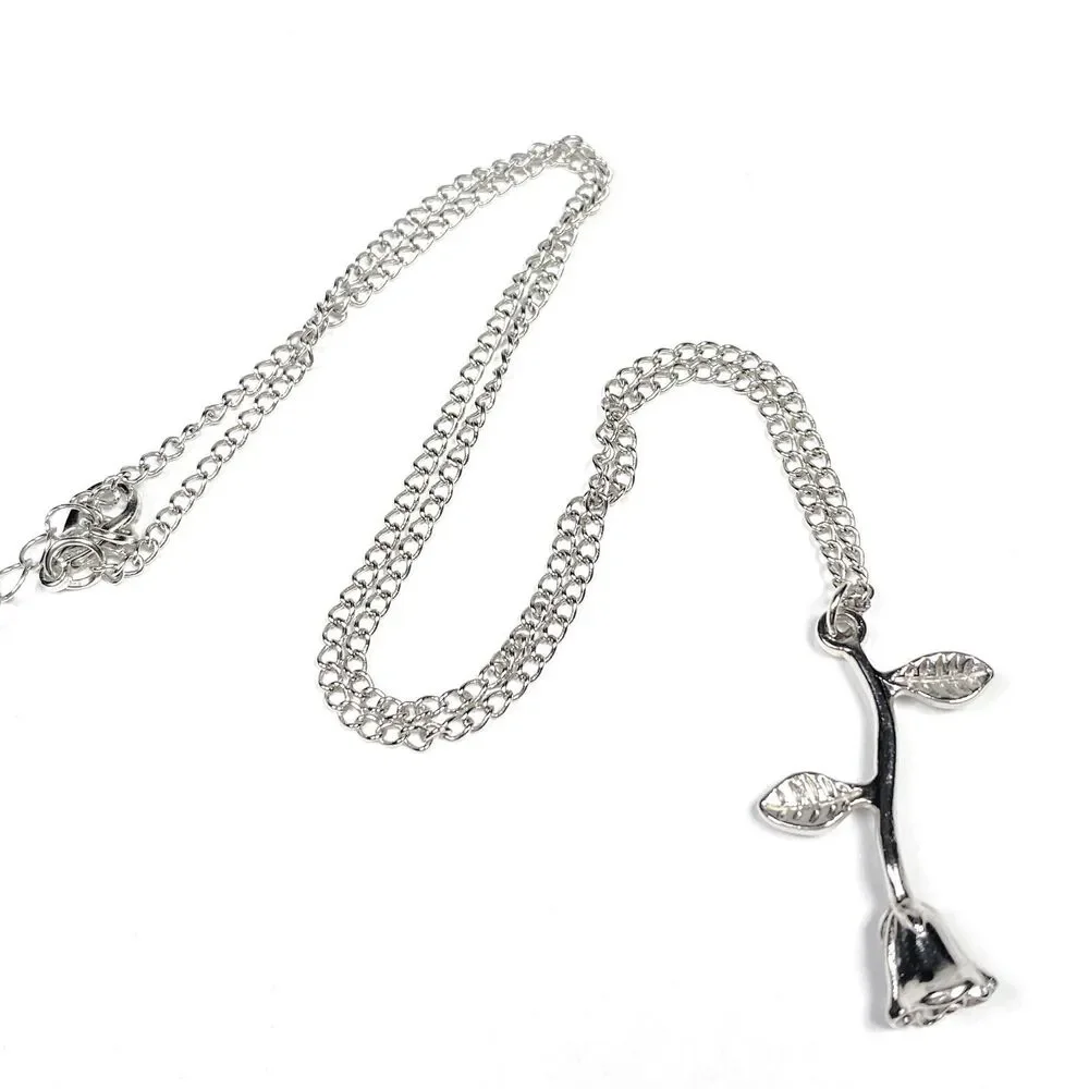 Silver Tone Flower Stem Pendant Necklace Rose Charm Feminine Retro Jewelry 20